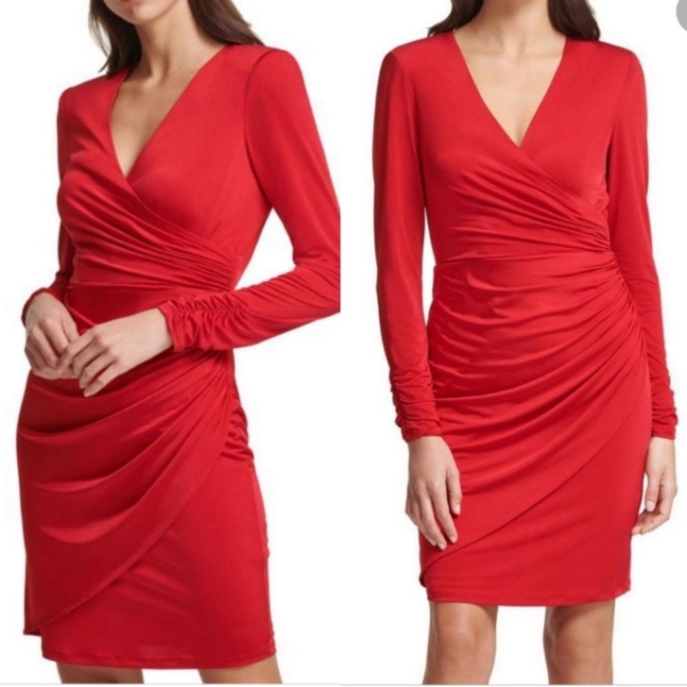 Vince Camuto size 16 red midi dress long sleeve faux wrap lined dress NWT